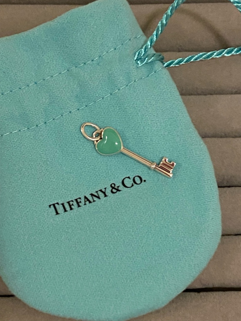 PRACTICALLY NEW: Authentic T & Co Blue Enamel Mini Heart Key Pendant